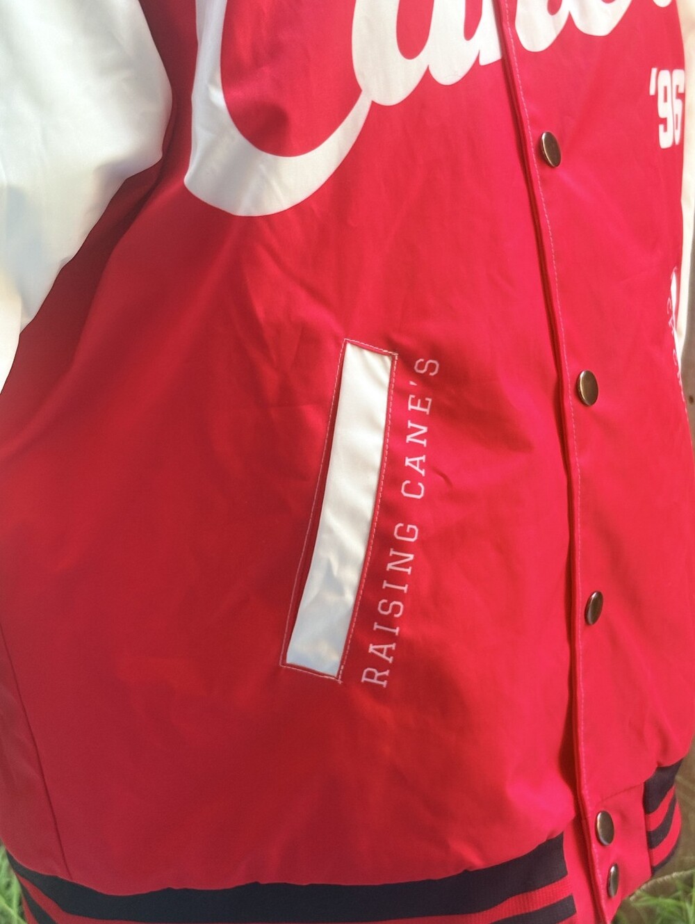 Red and White 'Raising Canes' Varsity Jacket